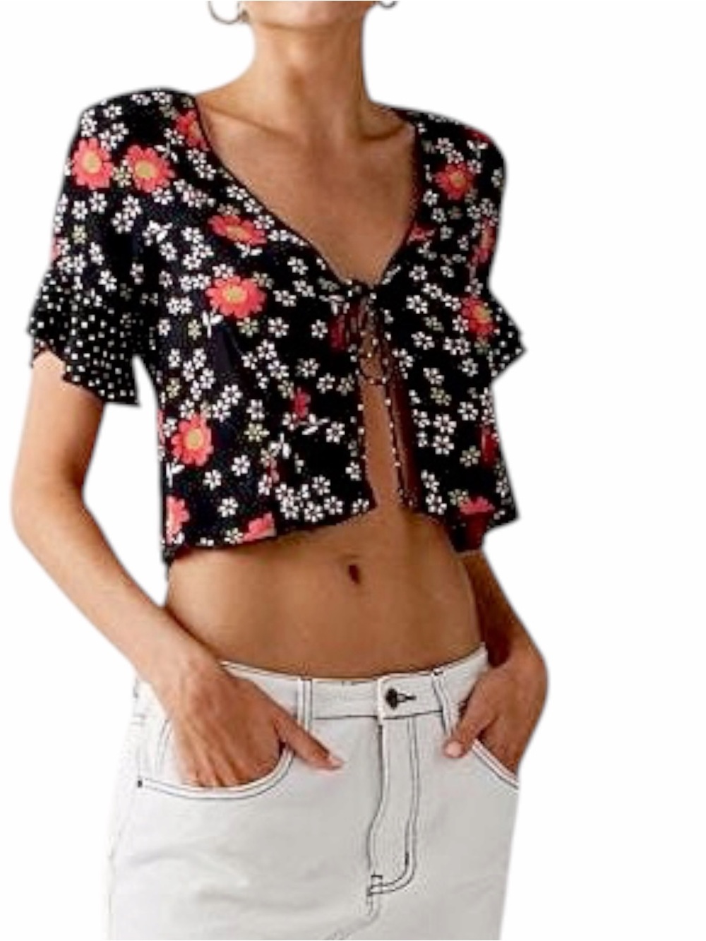 Urban Outfitters – Nene Tie-Front Crop Top – Floral Black – XS